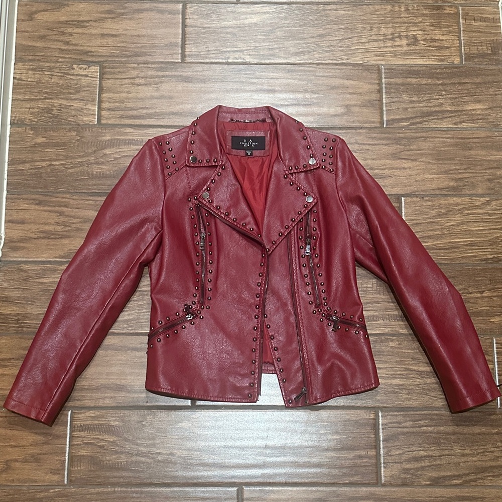 Red Studded Faux Leather Jacket - London Jean